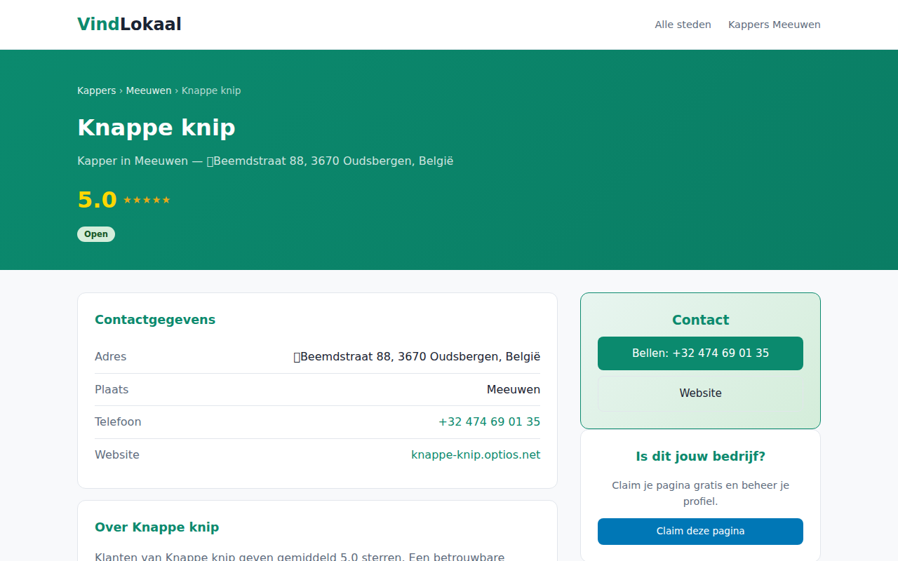 Bedrijfspagina met claim-knop